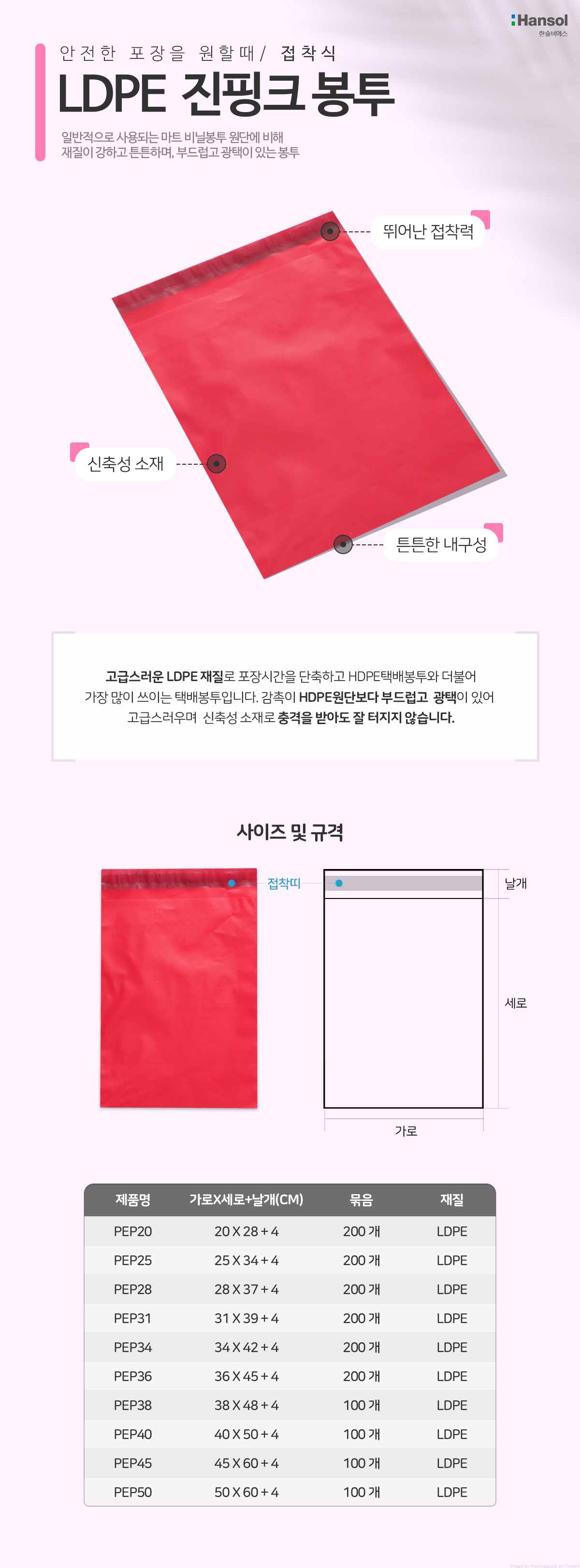 택배비닐봉투진핑크36cmX45cm 200매