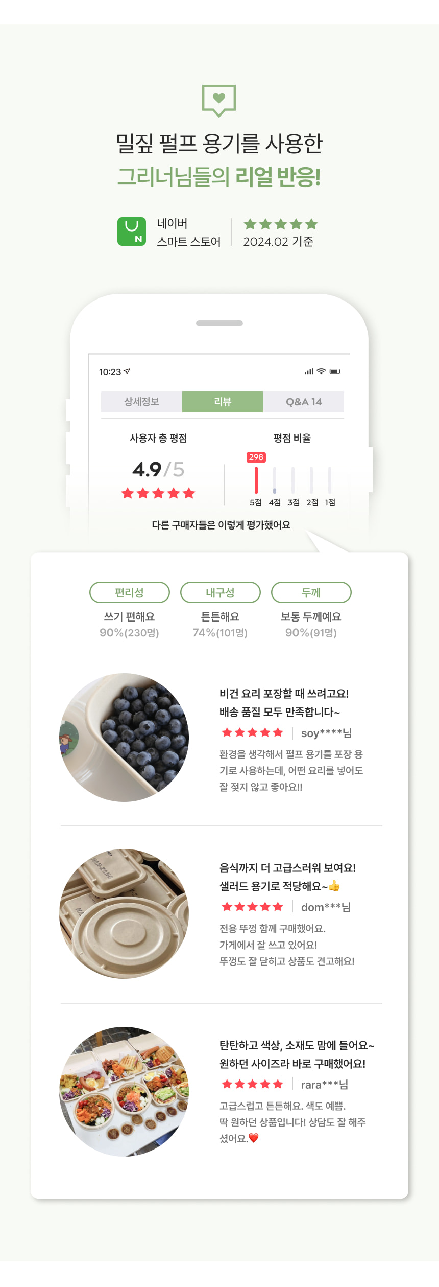 [라운드 호환S] 밀짚 펄프 용기 2칸 700m + 펄프뚜껑 세트 500개
