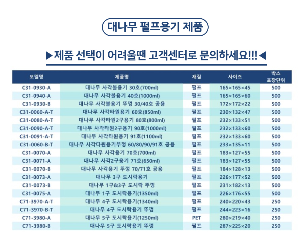 대나무 도시락 펄프용기 1구 30호, 40호 뚜껑 500개